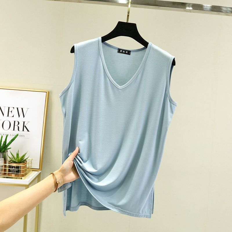 

Modal Summer Thin Solid Color and V-neck Casual Vest Blue XL (60.00 kg-70.00 kg recommended