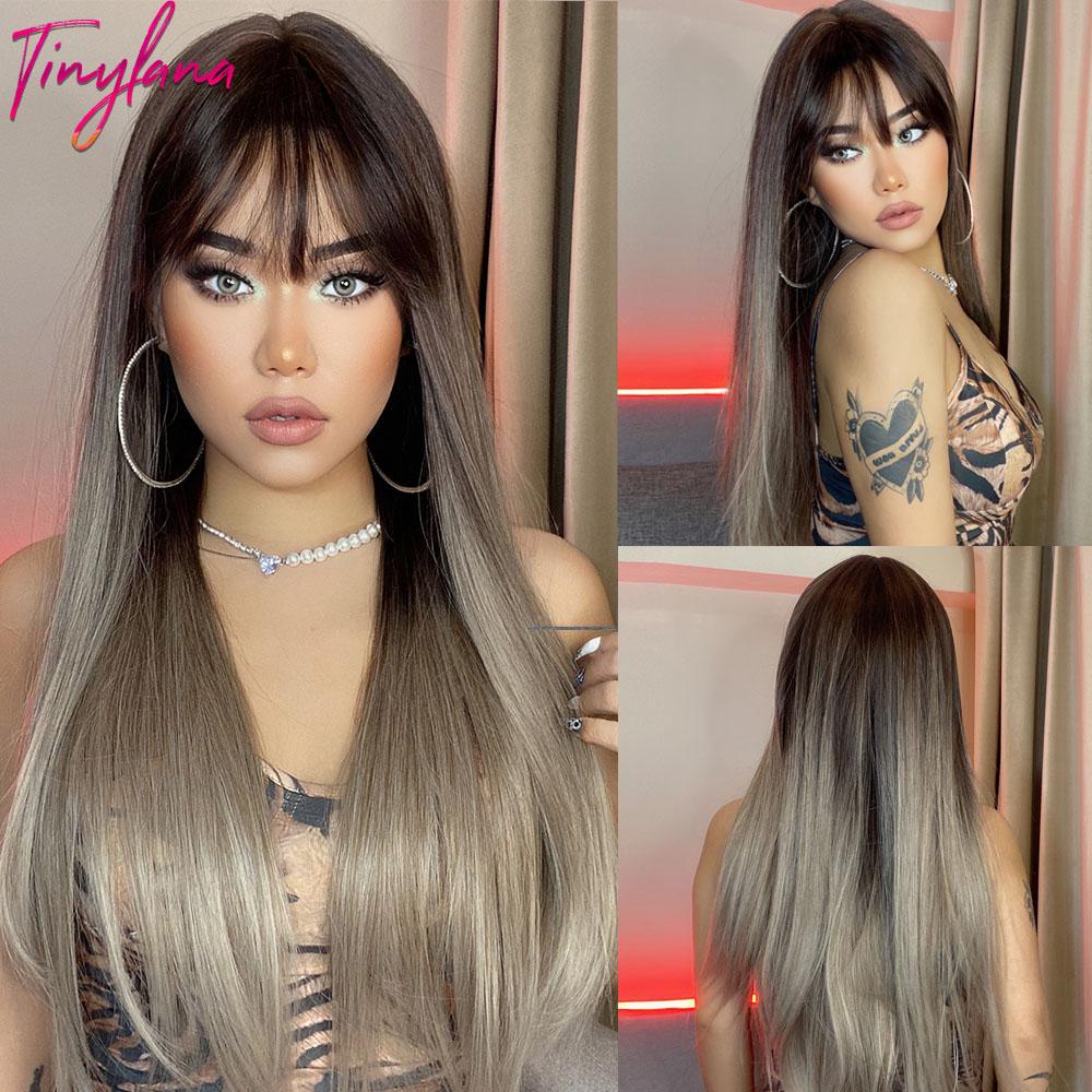 Long Straight Synthetic Wig with Bangs Dark Black Gray Hair Wigs for Women Cosplay Natural Hair Heat Resistant Layered Wigs
