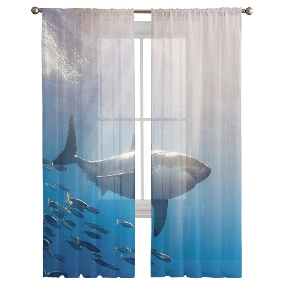 Sea Shark Tulle Curtains for Living Room Printed Sheer Voile Curtain for Bedroom Window Screening Drapes Blinds Home Decor
