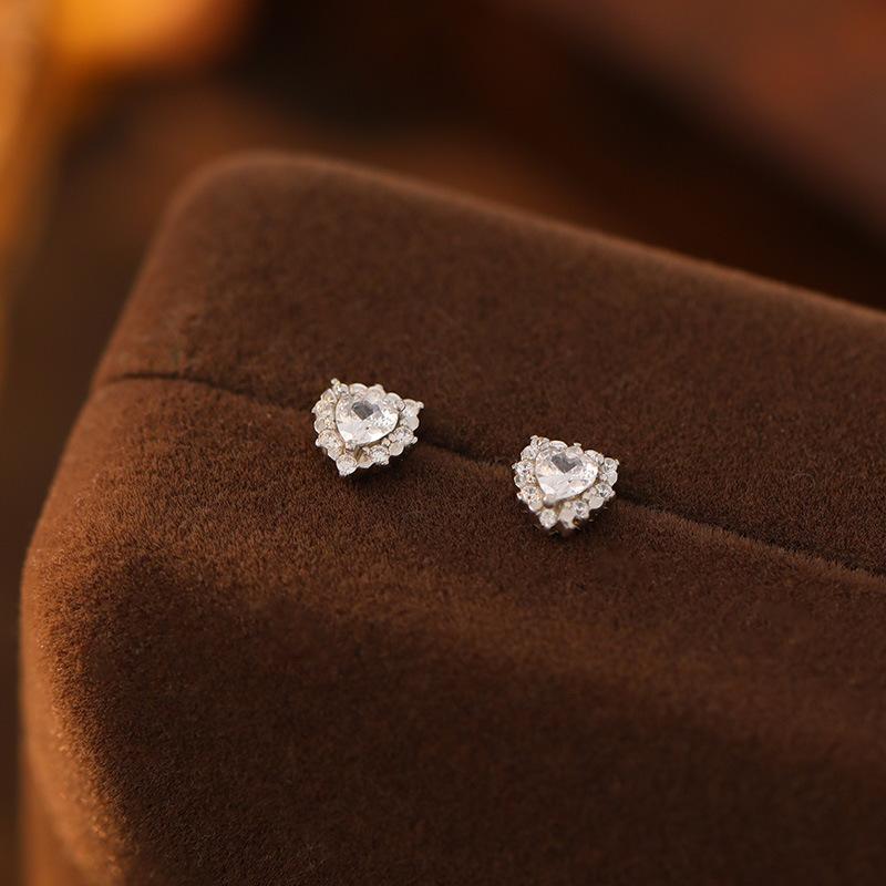 925 Sterling Silver Inlaid Shiny Zircon Heart Earrings for Women Korean Small Sweet Jewelry