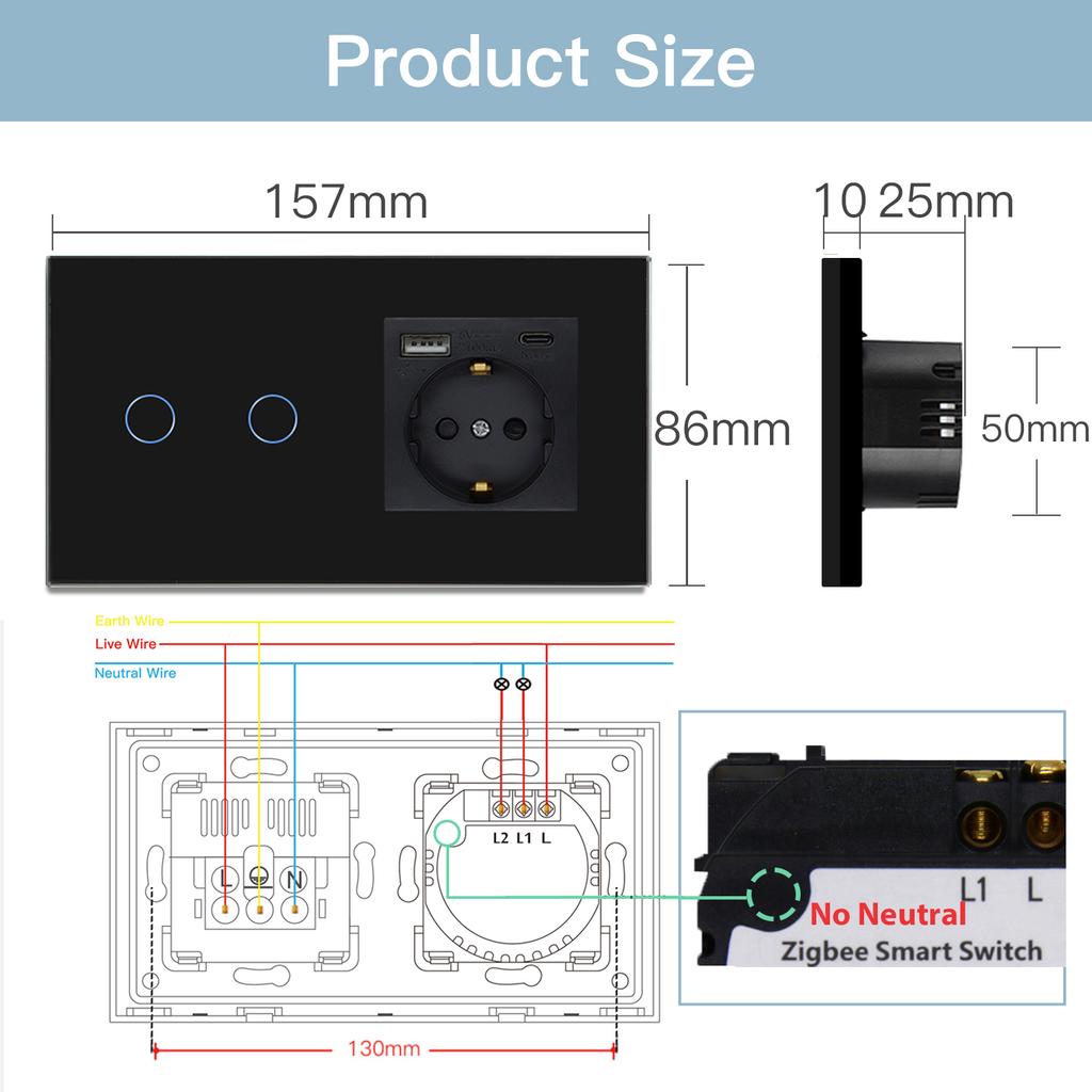 BSEED Zigbee 1/2/3Gang Wall Touch Switches With Normal EU Socket USB Type-C Ports Tuya Smart Life App Ccontrol Glass Panel