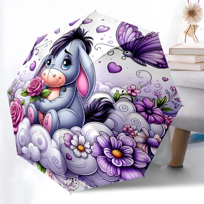 1pc Sturdy 8-Bone Auto Umbrella, Eeyore Pastel Rainbow Floral Clouds Umbrella, Digital Printed, Foldable Umbrella for On-the-Go Outdoor Use