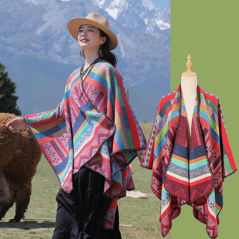 Spring Autumn New Artistic Retro Ethnic Style Waist Shawl Women's Fashion Warm Geometric Puzzle Split Scarf