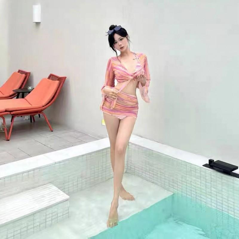 Bikini Swimsuit Women's Split Four-piece Suit Long-sleeved Sunblock Fashionable Stripe Sexy Vacation Hot
