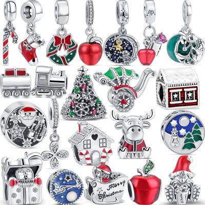 925 Sterling Silver Apple Santa Claus Tree Elk House Winter Bead Fit Original Charms Bracelet Christmas DIY Jewelry