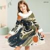 Little Girls White High Neck Fuzzy Trim Long Sleeve Tie Waist Motorcycle Printed A Line Flared Dress