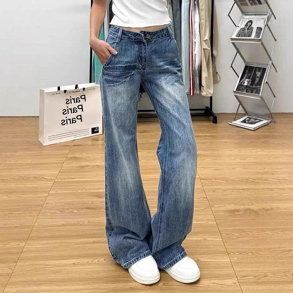 Large Size Micro Flare Washed Cracked Jeans Female Mid-waist Wide Leg Loose Design Sense Trailing Straight Trousers Jeans for Women Long Denim Pants