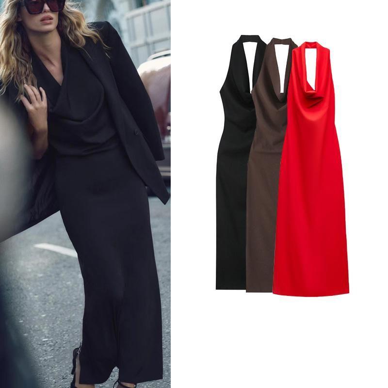 Fall and Winter New Women's Clothing Fashion Style Hanging Collar Open Back Sleeveless Long Midi Skirt Dress 9247782