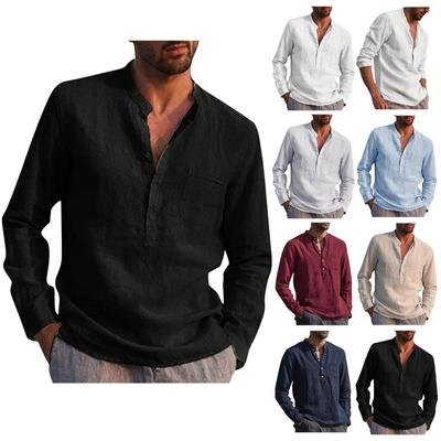 Designer primavera verão masculino casual algodão linho cor sólida camisas de manga longa solta gola camisas