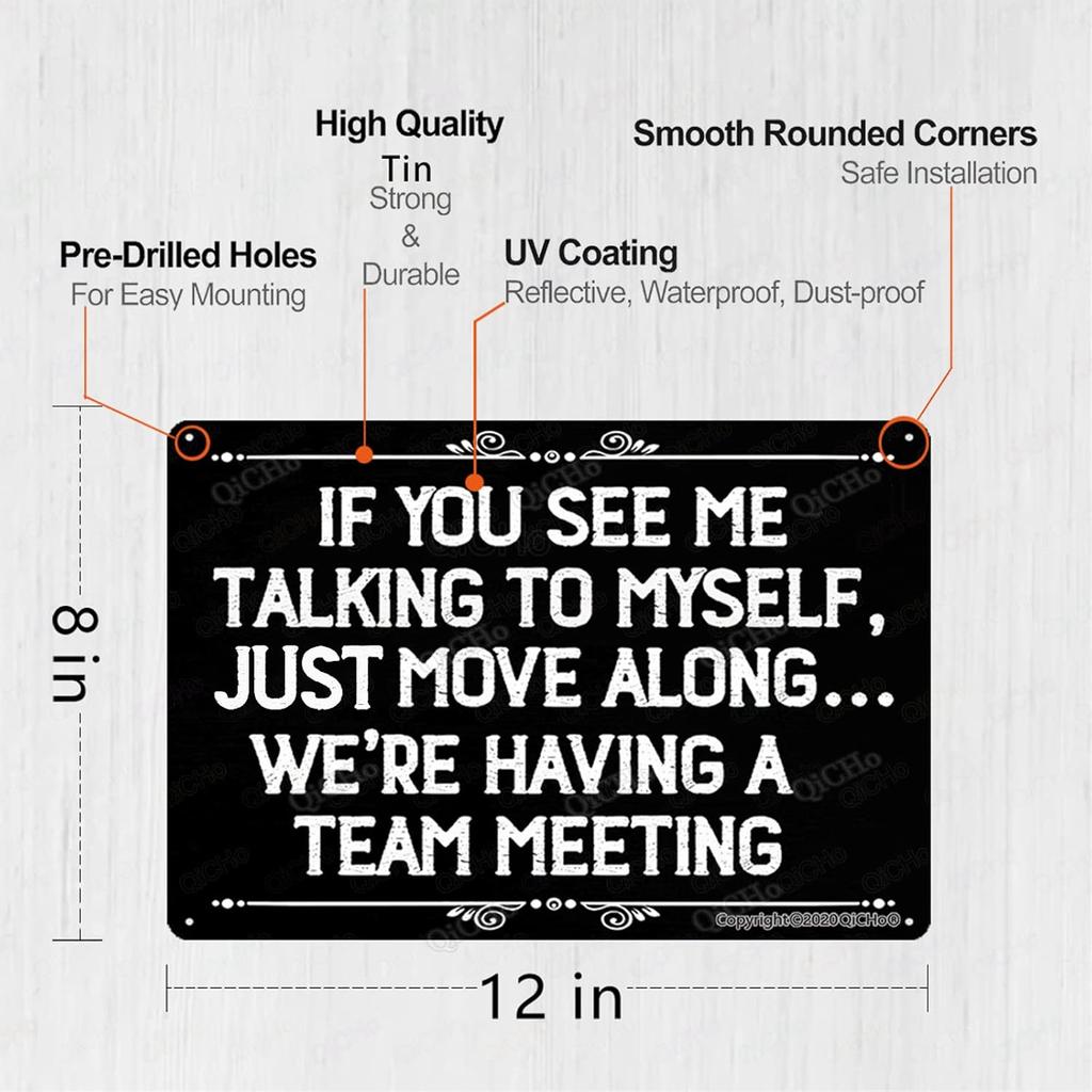 Funny Office Signs, If You See Me Talking To Myself We'Re Having A Team Meeting 12" X 8" Metal Hanging Sign, Suitable For Business, Office Decoration