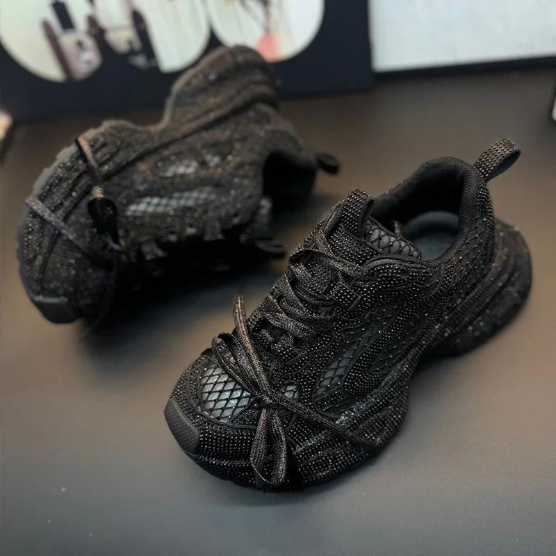 Dámské tenisky Bling Crystal Novinka Síťované platformové boty s kamínky Dad Shoes Módní lesklé dámské sportovní boty Dámské mokasíny