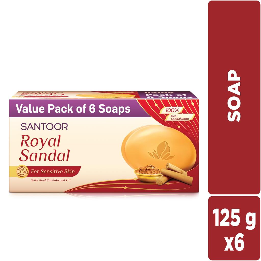 Santoor Royal Sandal Bathing Soap for Sensitive Skin Creamy Moisturizers Real Sandalwood Oil Long Lasting Fragrance Pack of 2 (125g X 6N)