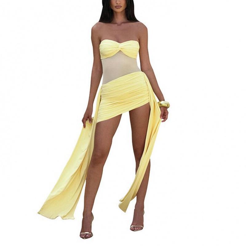 2025 Summer Women's Strapless Chiffon Dress with Mesh Patchwork and Ribbon