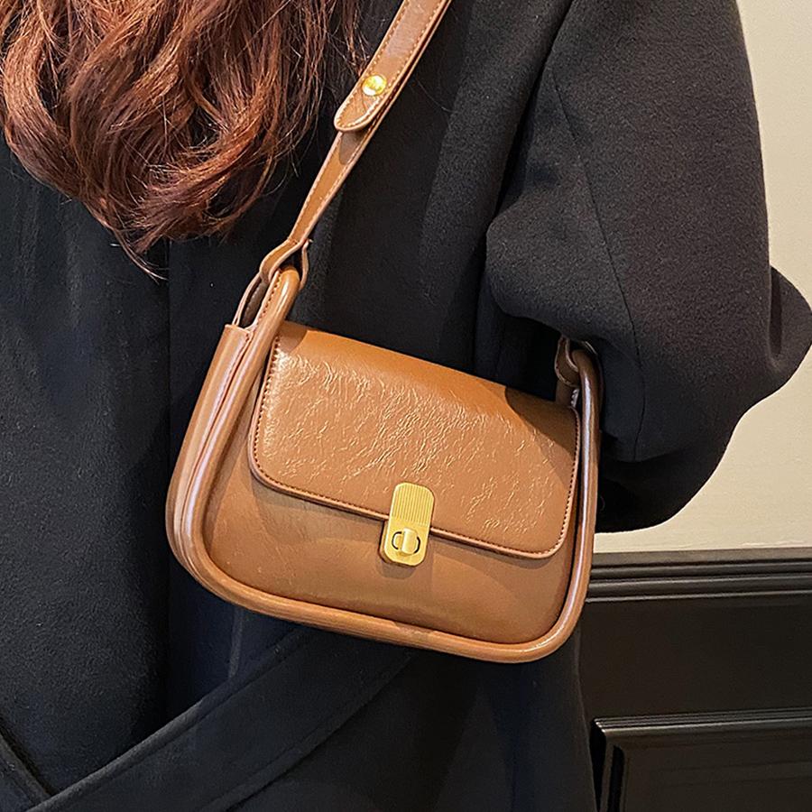 Black Flap Lock Handbags Women PU Leather Top-Handle Messenger Bag Casual Female Crossbody Bag Retro Square Shoulder Bag Purse