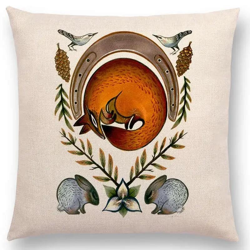 Retro Mystery Watercolor Art Totem Sofa Pillow Case Animals Deer Bear Bird Fish Fox Owl Snake Rabbit Heron Bee Cushion Cover