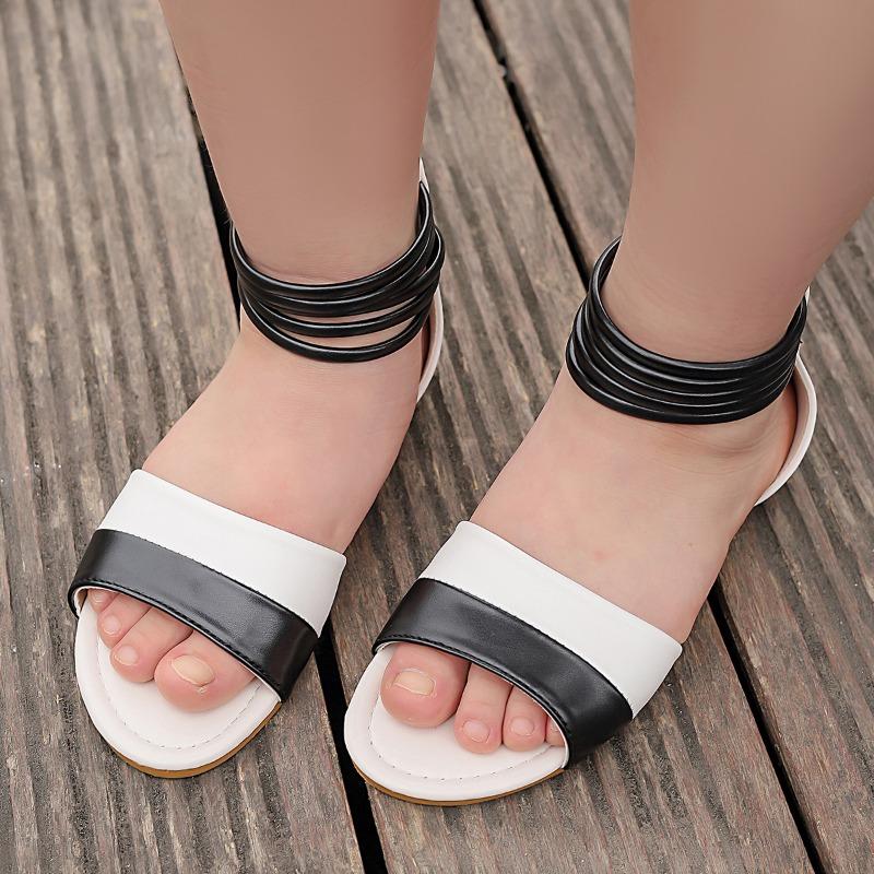 Little Girl's Sandals Rome Style Black White Children Sliders Flat Pu Leather Fashion Hook-loop Kids Summer Shoes 27-36