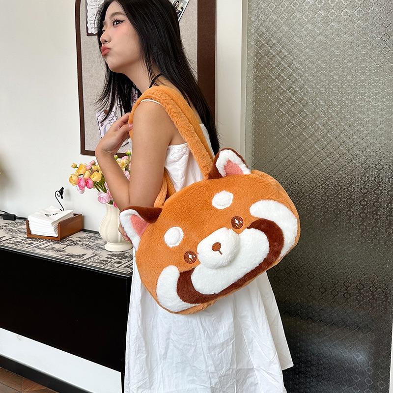 Cartoon Cute Furry Animal Handbag Plush Large Capacity Shoulder Messenger Bag Little Raccoon Handbag Girl