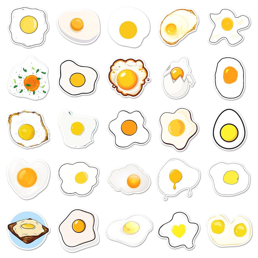50 Cartoon Fried Egg Stickers - Food Graffiti, Waterproof Decoration for Thermos Cups & Notebooks