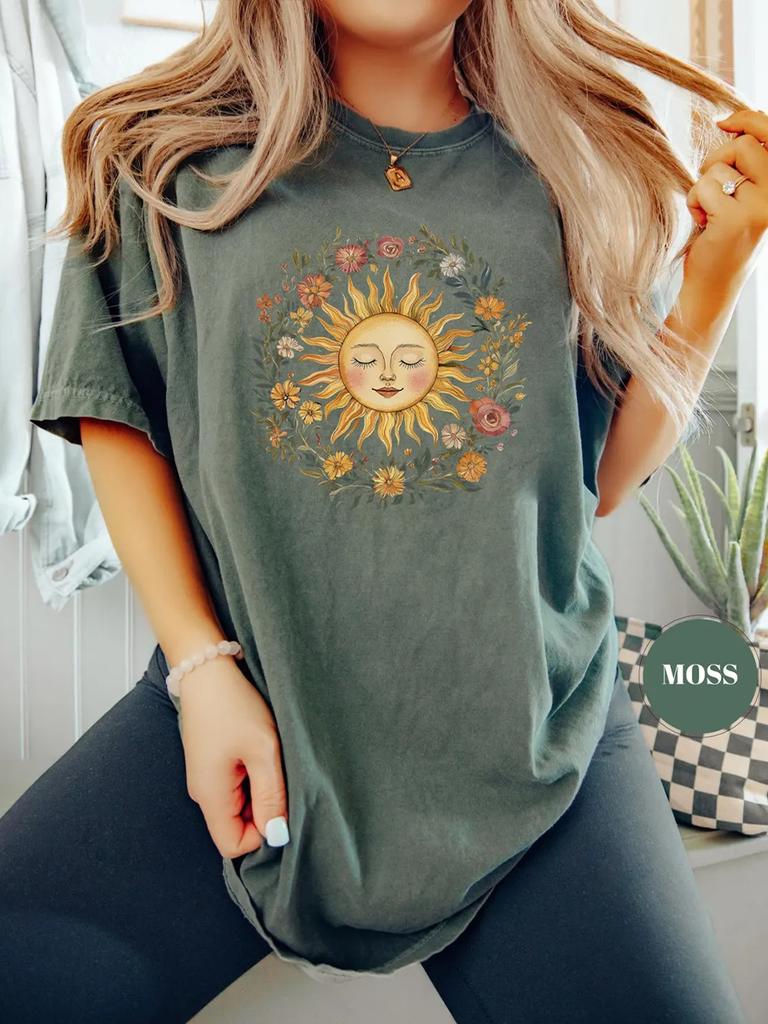 Boho Spiritual Sun Cute Bohemian Comfort TShirt Vintage Women Hippy Floral Outfit Apparel Trendy Y2K Casual Daily Streetwear