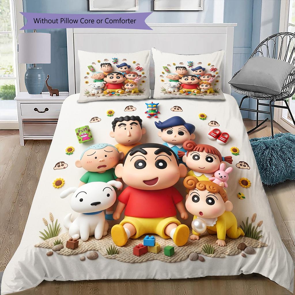 Crayon Shinchan Muster Bettwäsche Bettdecke Set Bettbezug Kissenbezug Zuhause Geburtstagsgeschenk(1 Bettbezug + 2 Kissenbezüge, ohne Füllung)