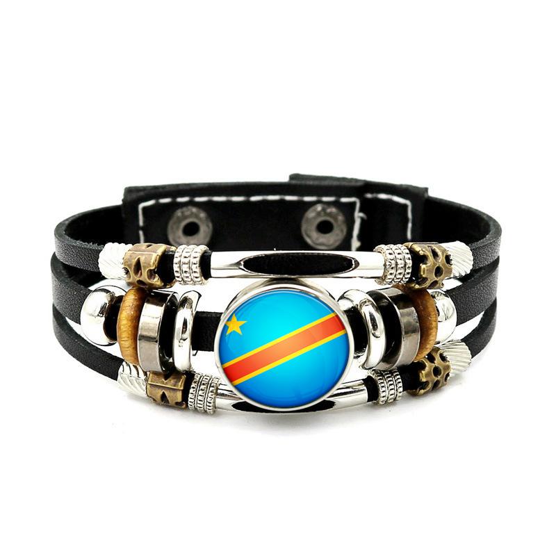 Factory National Country Flag Design Bracelet Crystal Bead Snap Button Sports National Team Jewelry Gift Leather Wrap Bracelet