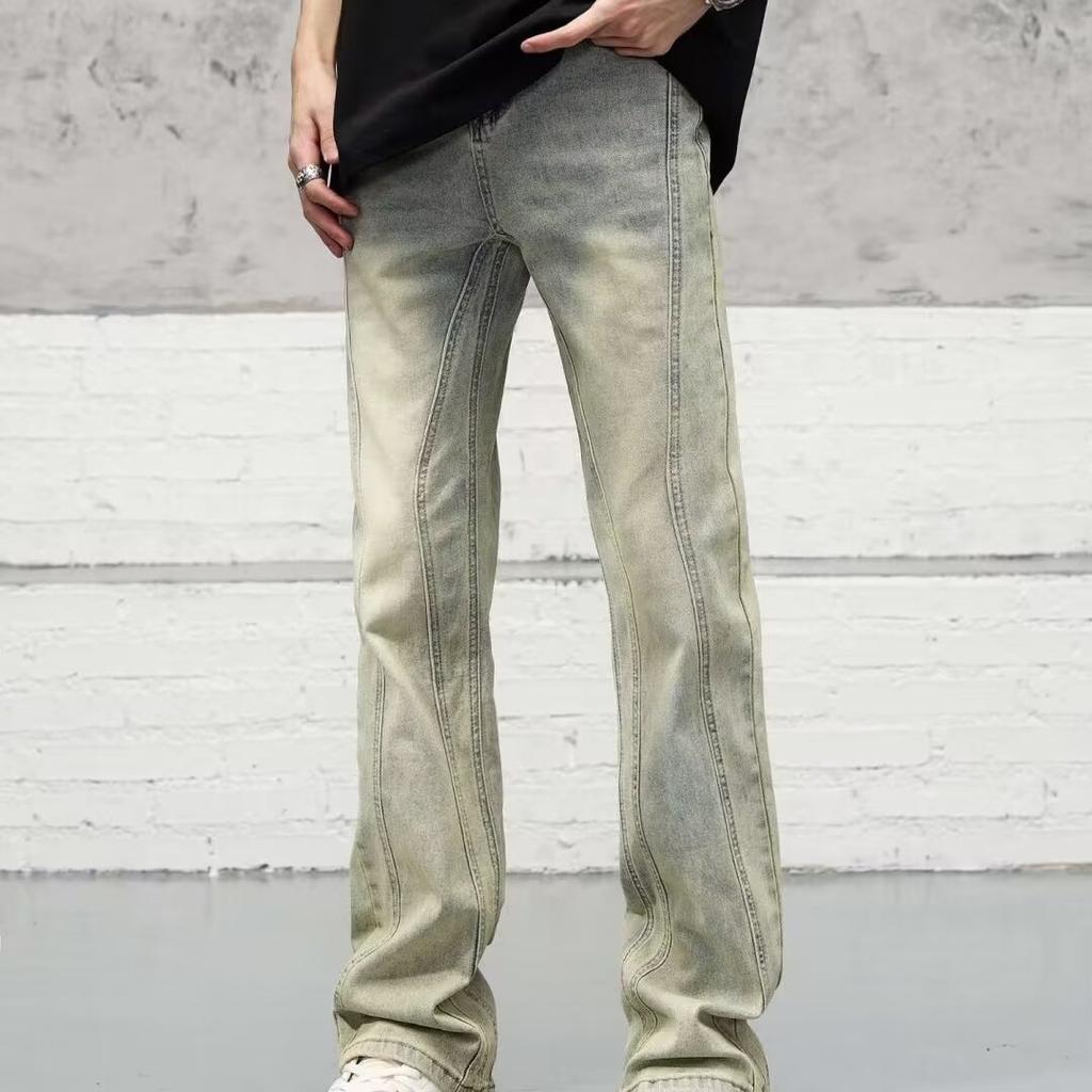 American high street vibe washed old yellow mud dyed jeans men's tide ins straight tube slightly stretched thin piled pants