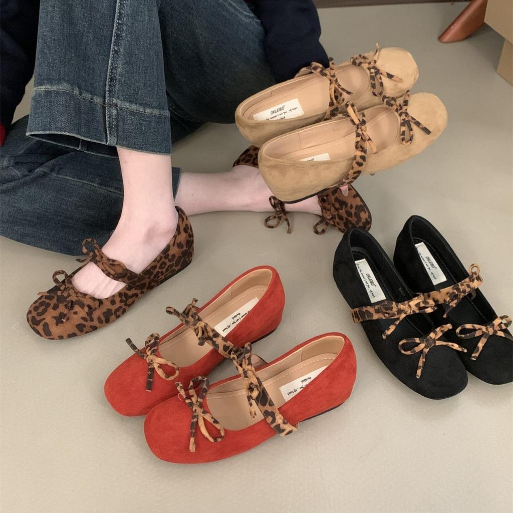 Fashion Suede Bowknot Mary Jane Shoes Women Shallow Comfort Leopard Print Ballet Shoes Ladies Fashion Retro Round Toe Flat Shoes Women