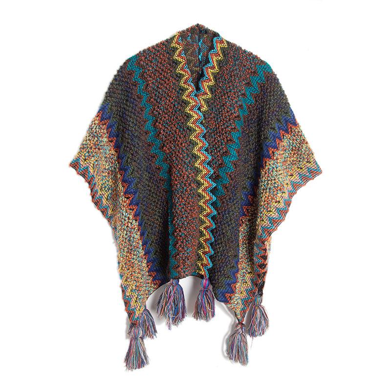 Women's Fashion Spring Autumn Winter Pashmina Ethnic Style Tassel Cape Colorful Knitted Split Shawl