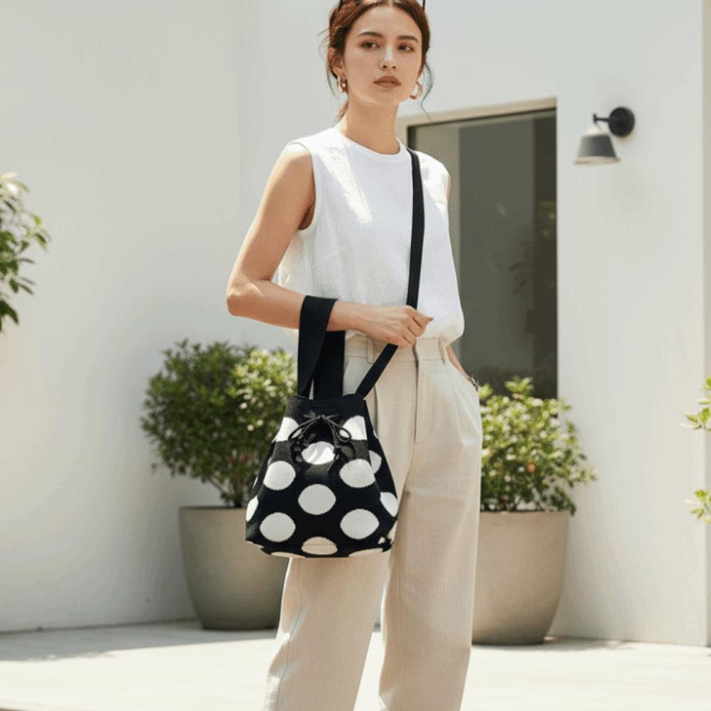 Lightweight Polka Dot Bucket Bag Patterned Drawstring Purse Shoulder Satchel Knit Tote Beach