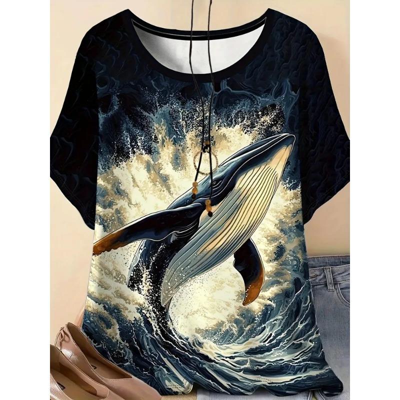 Casual Fashion Simple Abstract Painting Animal Sea Dolphin Breathable 3D Printed Round Neck Short Sleeve T-shirt Casual Sports Shirt