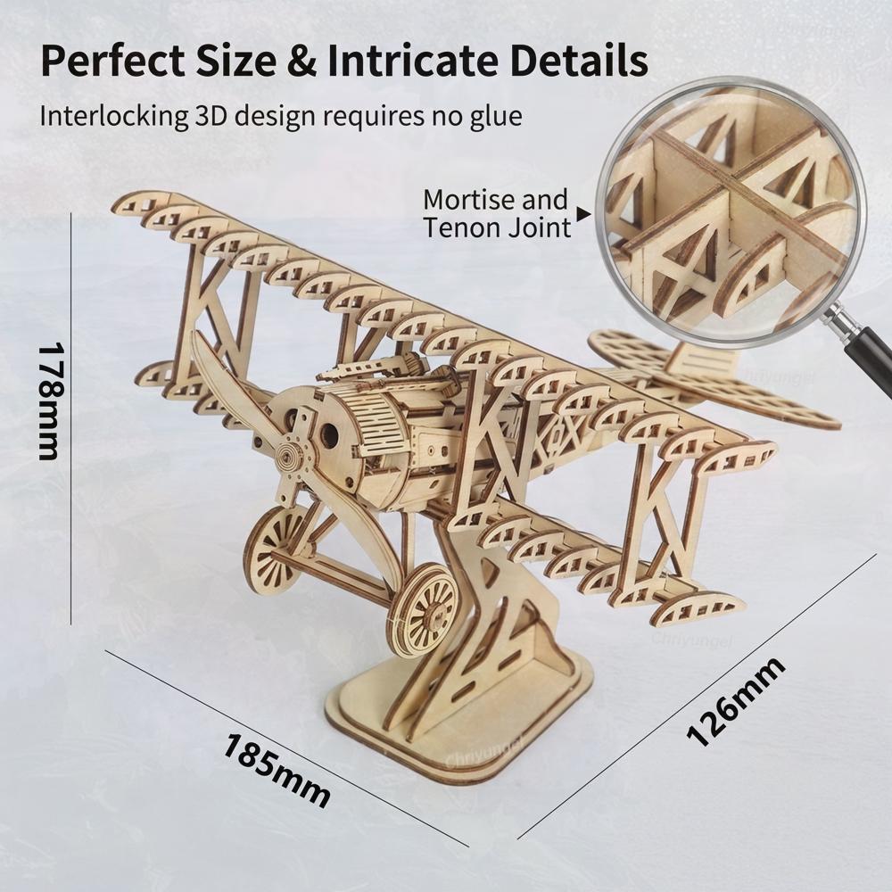 3D Wooden Puzzle Bi-Plane Aircraft Model Kits DIY Assembly 3D Puzzle for Adults Teens Brain Teaser Home Decor Crafts