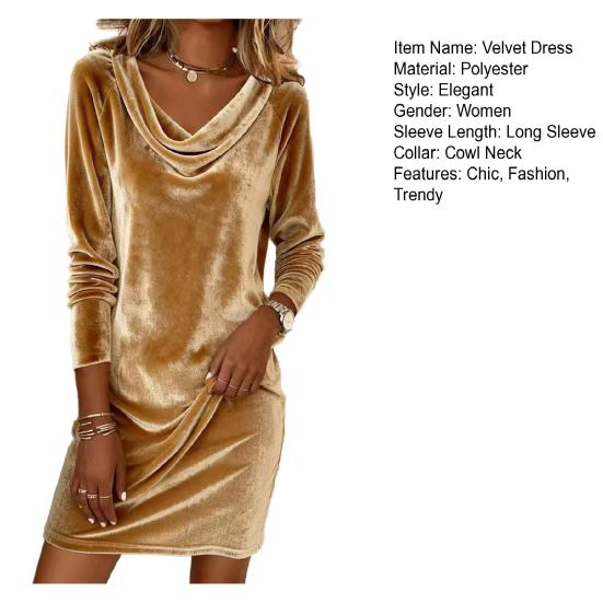 Women's Velvet Cowl Neck Mini Dress Long Sleeve Party Cocktail Dress Retro Velour Wedding Guest Dress