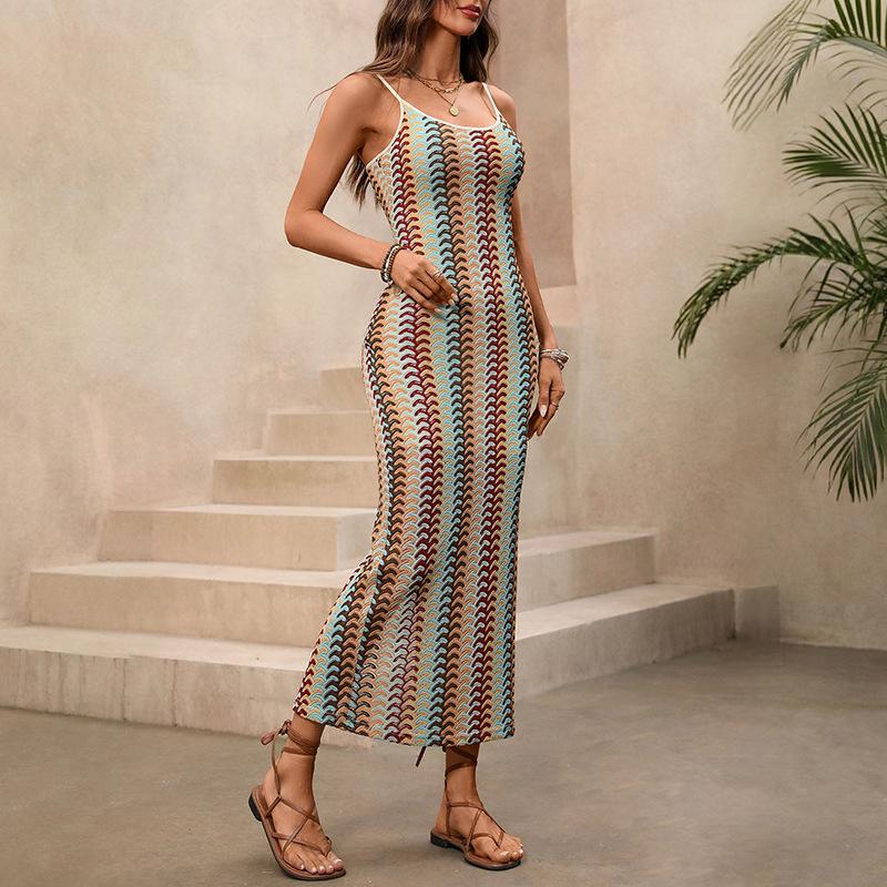 2026 Resort-Style Spaghetti Strap Bodycon Ethnic Striped Knit Dress