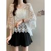 Korean Style Plus size women clothing Chubby Girl Spring/Summer Crochet Hollow Bell Sleeve Knit Casual Shirts Sun Protection Clothing M-4XL