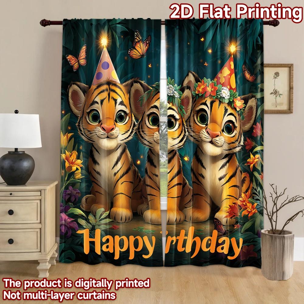 2D flat printing 2pcs Scene Curtain Cute Tiger Birthday Party Jungle Digital Printed Polyester Drapes Family Party for Holiday