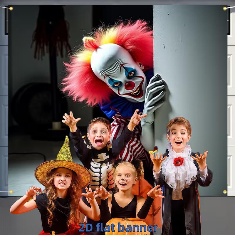 2D Creepy Killer Clown Banner, Spooky Halloween Garage Door Background