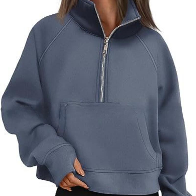 Herbst- und Wintersportarten Damen-Sweatshirts mit halbem Reißverschluss Übergröße Locker Stehkragen Samt-Hoodies Damenmode Langarm Freizeit-Sweatshirt 25144