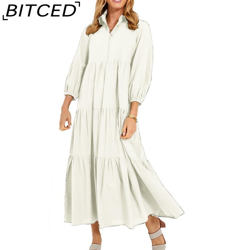 BITCED Women's Fashion Spring Autumn Solid Color Print Long Sleeve POLO Neck High Waist Casual Dresses