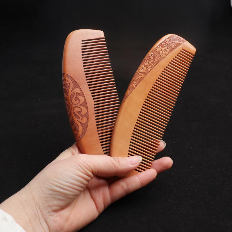 Solid Wood Moon Comb: Peach Wood Carved Straight Hair Comb, Portable and Scalp Massaging with Custom Logo/Gift Text.
