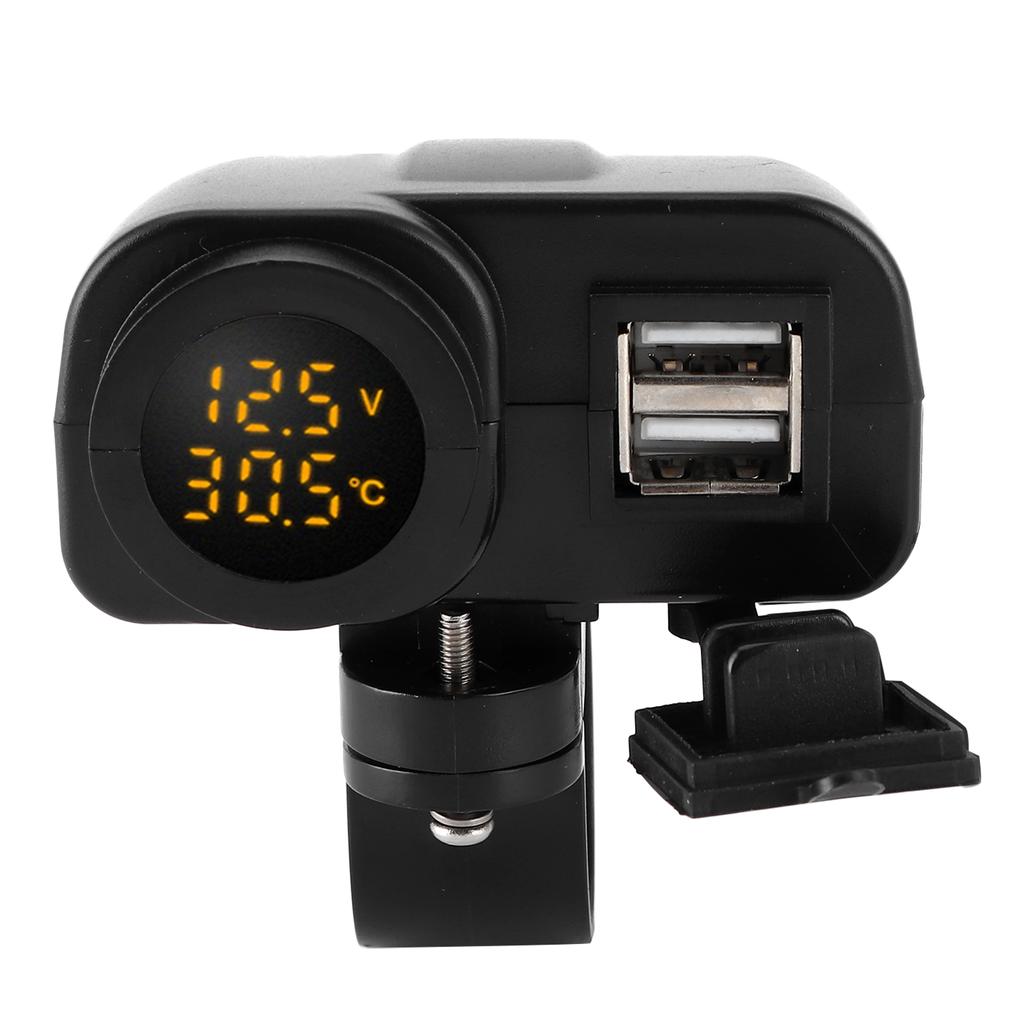 Motorcycle Dual USB Voltmeter Charger MultiFunction Temperature Meter with Waterproof Cover