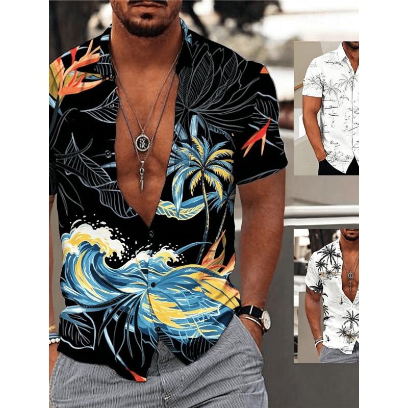 Men's Gradient Tropical Palm Leaf Print Short Sleeve Shirt, Casual Hawaiian Button Up Shirt for Spring Summer