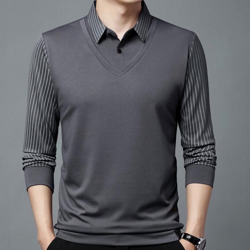 Frühling und Herbst Neues Fake-Zweiteiler Herren T-Shirt Mittelalterlich Lässig Papa Poloshirt Dünnes Revers Gestreiftes Unterteil