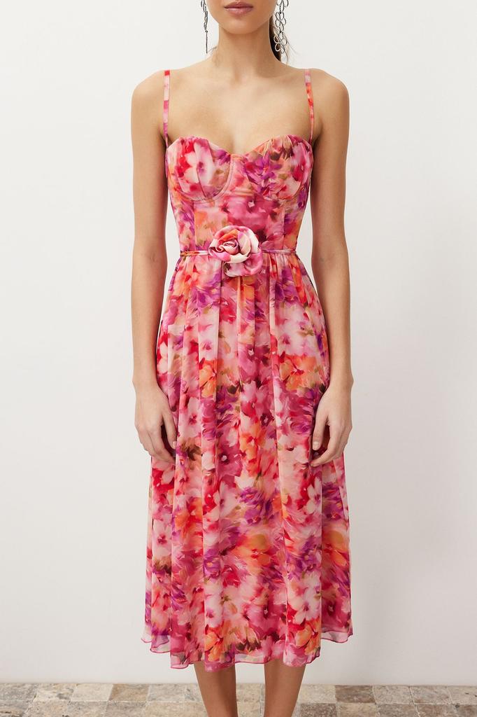 Women's Style Dress Multicolored A-Line Dress with Rose Detail