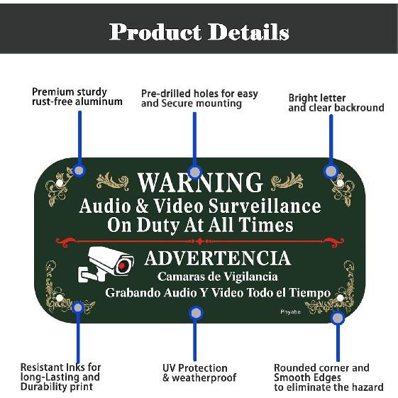 2 Pack Audio & Video Surveillance On Duty At All Times Sign, 12 x 6 inch Rust Free Aluminum Sign, Weather Resistant, Waterproof, Durable Ink, Easy to