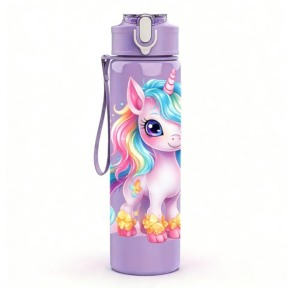 1PC Bright Pastel Unicorn Character Print 750ml Color Plastic Sports Water Bottle Leakproof Flip Straw Lid Suitable for Sports Office Home Use