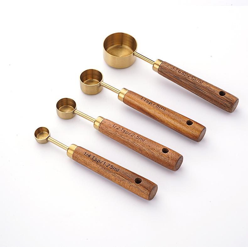 

8-Piece Rose Gold Stainless Steel Measuring Cups & Spoons with Engraved Wooden Handles for Baking