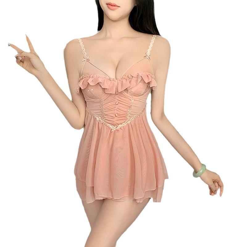 Sexy lingerie fungus lace mesh nightdress uniform temptation passion suit pure desire pajamas simple casual