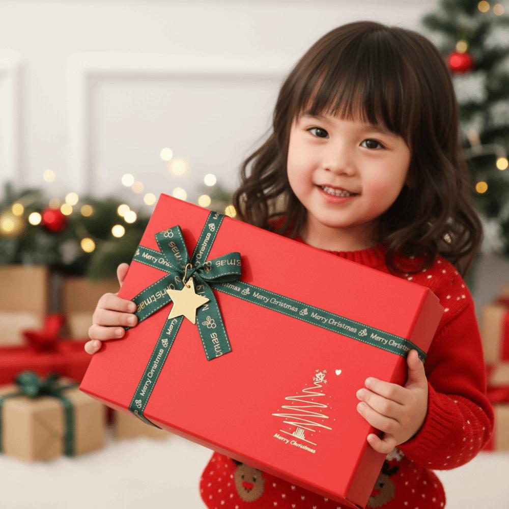 Premium Quality Christmas Gift Box Eco Friendly Thick Cardboard Red Present Packaging Gold Embossed Star Tag Included