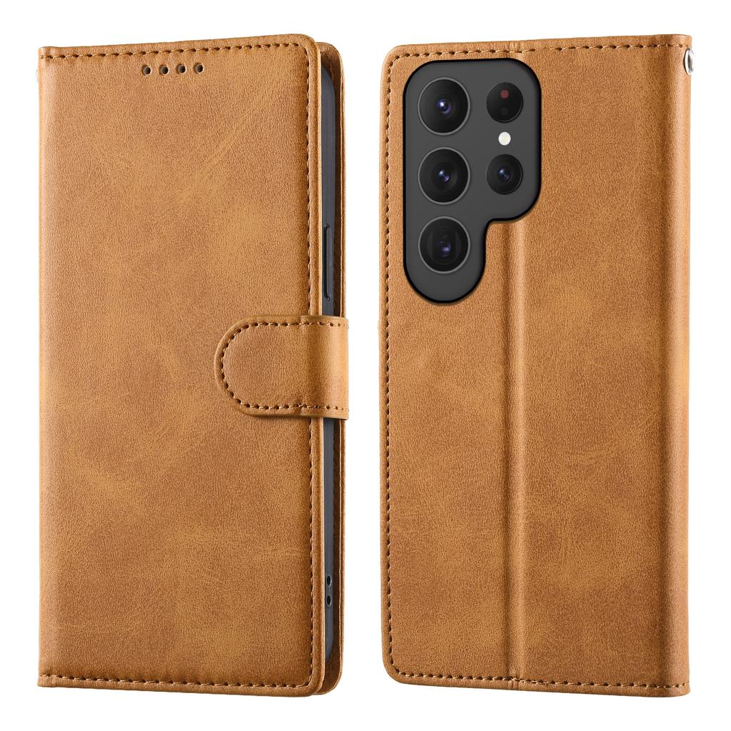 Etui Portfel z Podstawką na Samsung Galaxy S25 Ultra, Tekstura Skóry Cielęcej, PU Skóra, Klapka z Paskiem na Nadgarstek