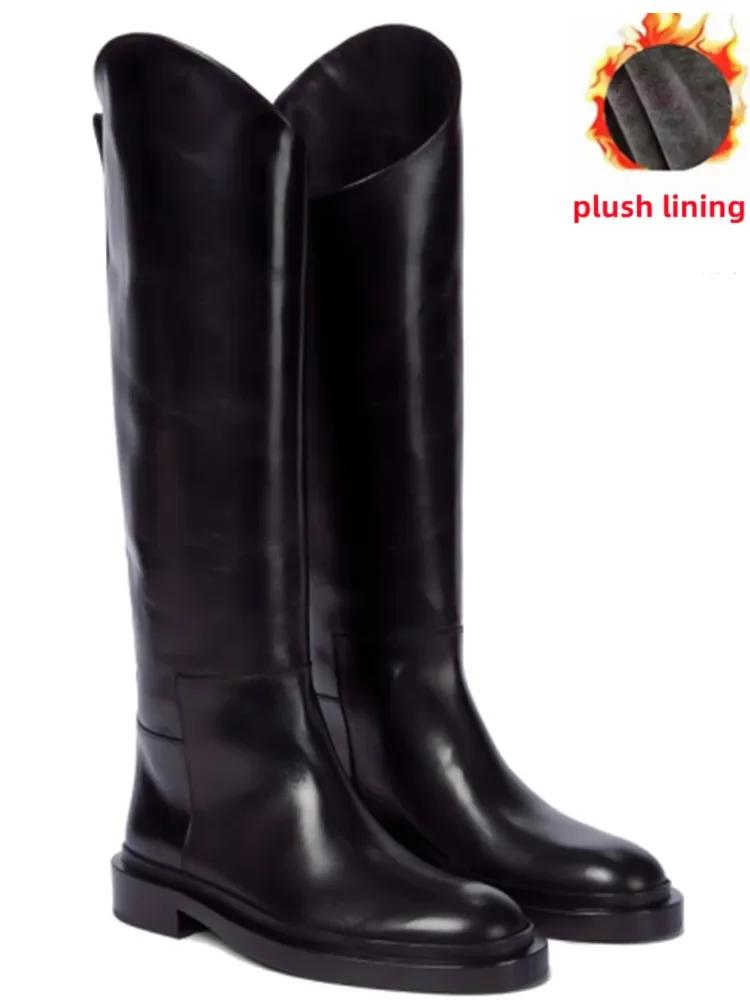 European and American Ladies Fashion Round Toe Knee Length Flat Leather Boots, Size 34-46 Women's Knight Boots